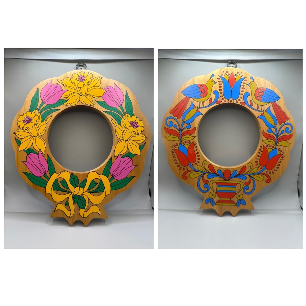Double Sided‎ Wooden Dutch Folk Art Wreath Handpainted Floral Bird 13x12" MCM